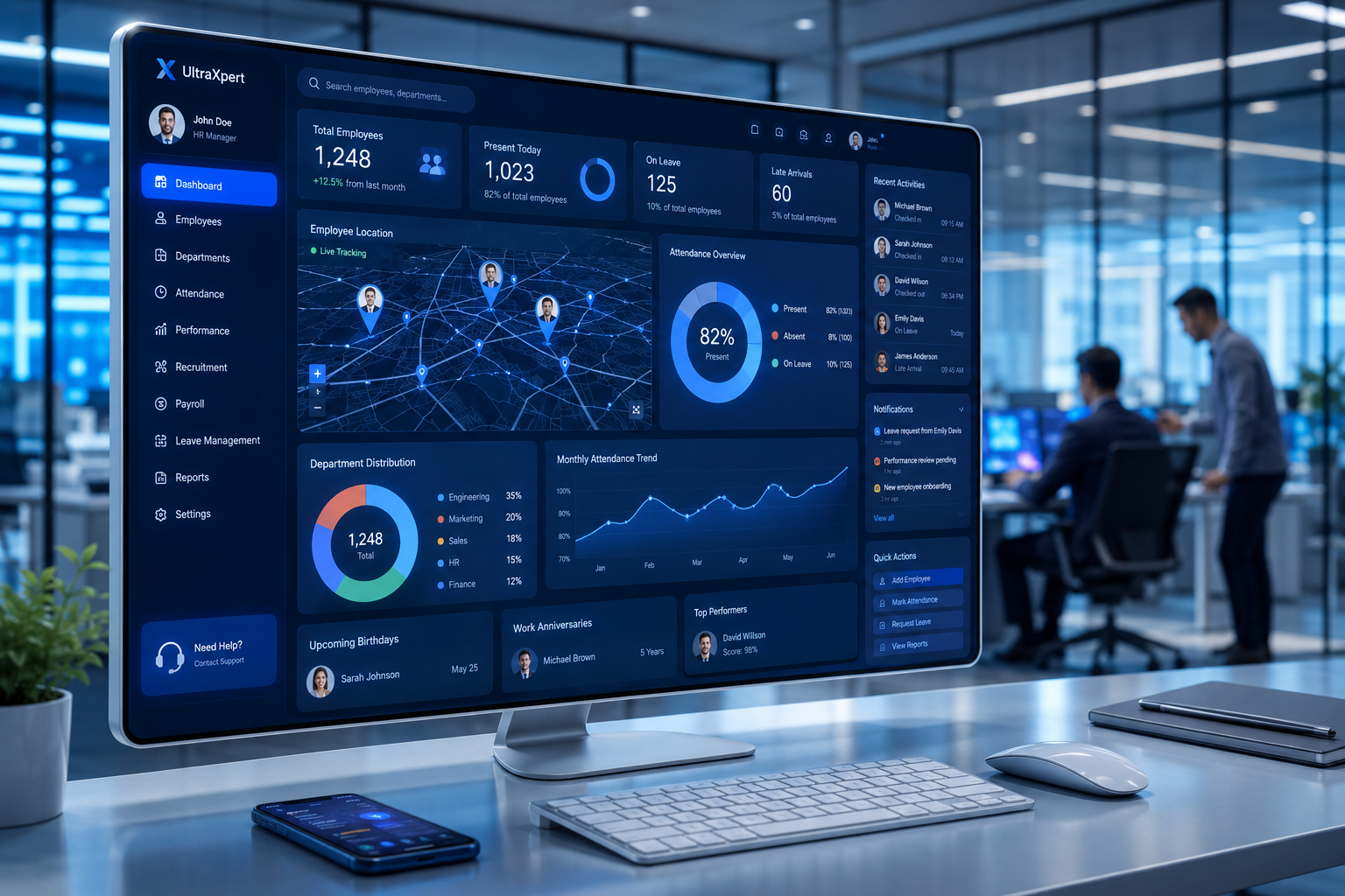 UltraXpert CRM HR and employee location tracking