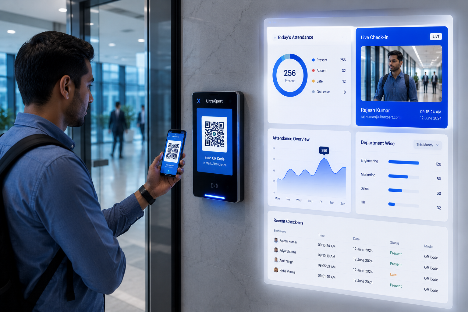 UltraXpert CRM QR code attendance feature